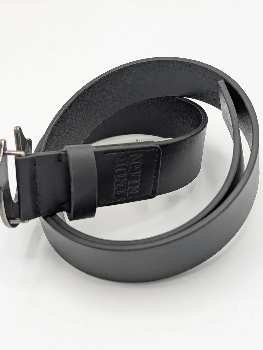 True Religion Belt 36 Black Faux Leather  with Silver Horseshoe Buckle Casual